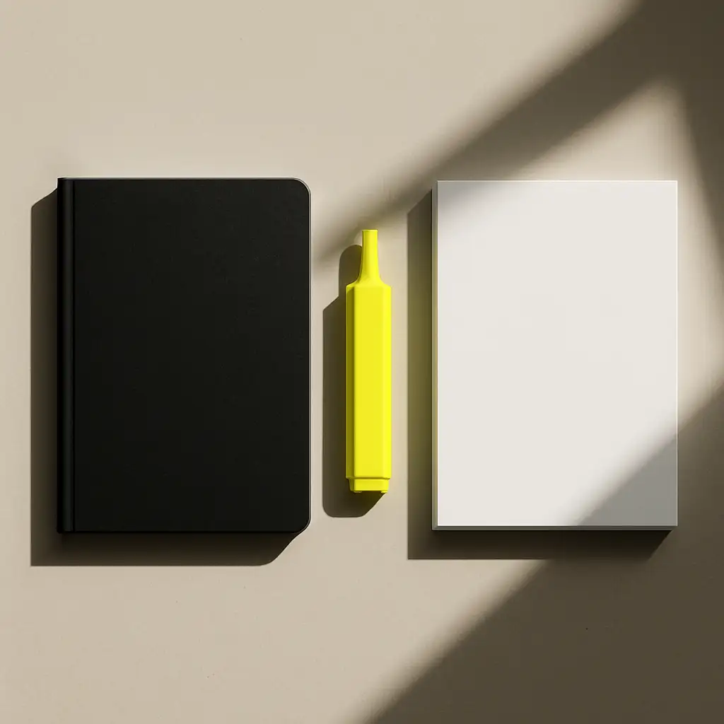 A closed black notebook, a yellow highlighter and a stack of blank paper on a pale desk
