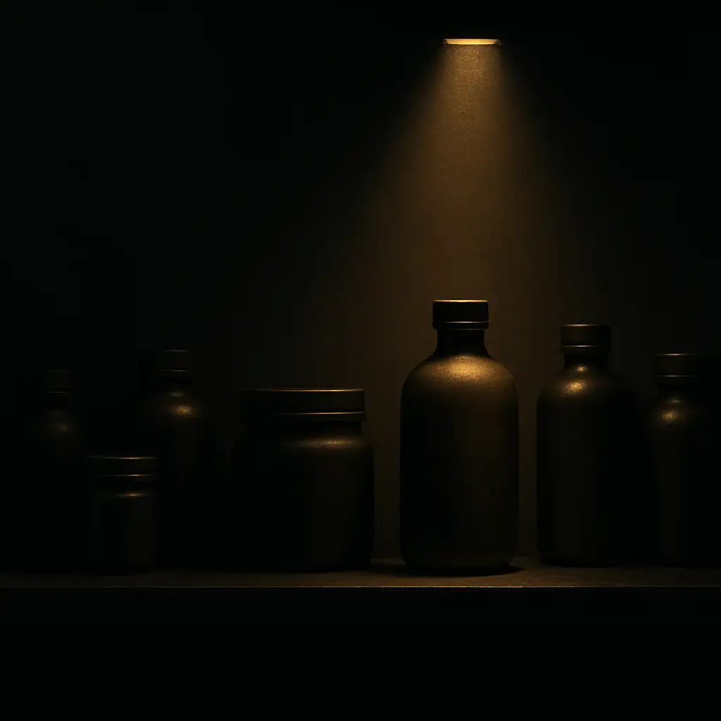 A shelf of unmarked bottles in shadow with one bottle picked out by a warm beam of light